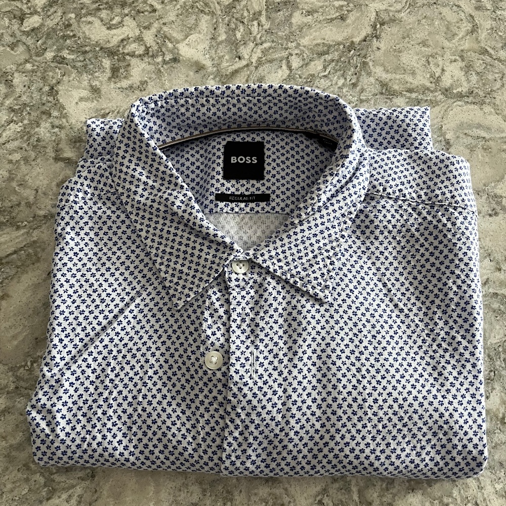 BOSS Men's Blue Patterned Shirt